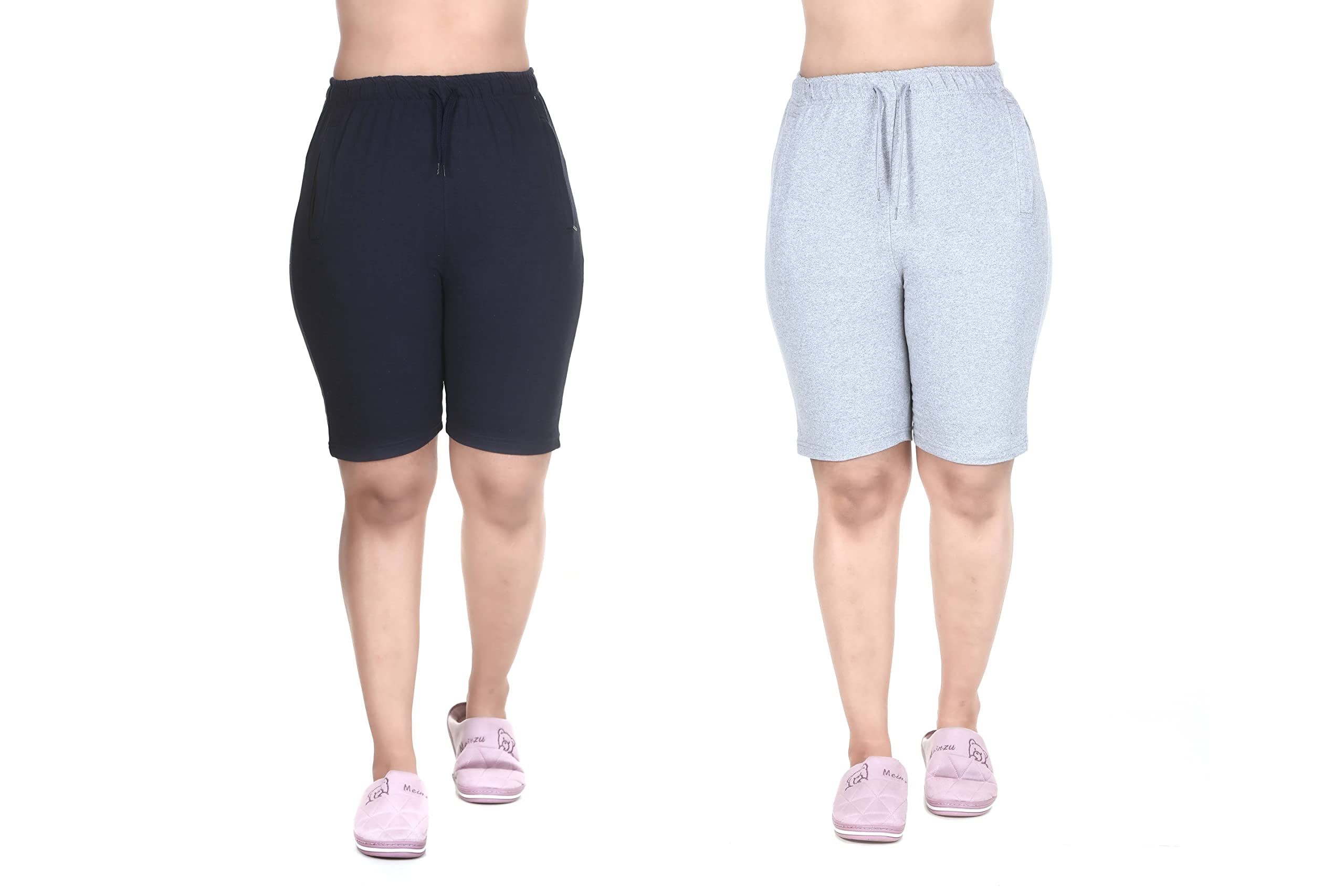 MUKHAKSH (Pack of 2 = 1 Navy Blue + 1 Milange Grey Shorts Women Ladies Girls Yoga Gym Wear Running Casual wear Lounge wear Navy Blue + Milange Grey Shorts with String nada and Zipper Pocket Both Side-picture-28