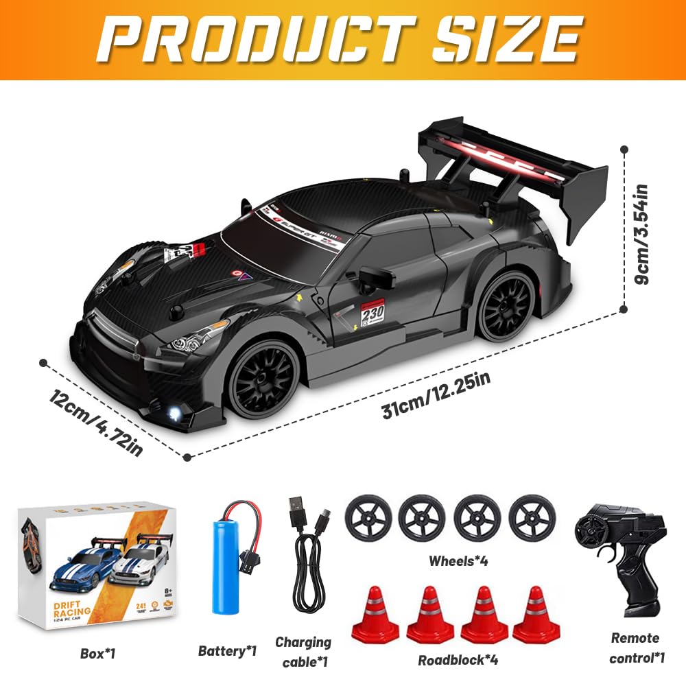 ADDLIVE RC Drift Car, 1:24 Telecomando, 30km/h Alta Velocità 4WD, 2,4 GHz Ricaricabile Macchina Telecomandata Drift con Illuminazione LED fredda e 2 Batterie, per Drift e Race