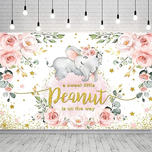 Pink Floral Elephant Baby Shower Banner Baby Girl Elephant Baby Shower Backdrop A Sweet Little Peanut Is On The Way Pink Photography Background Baby Shower Party Decorations Banner #TOP24