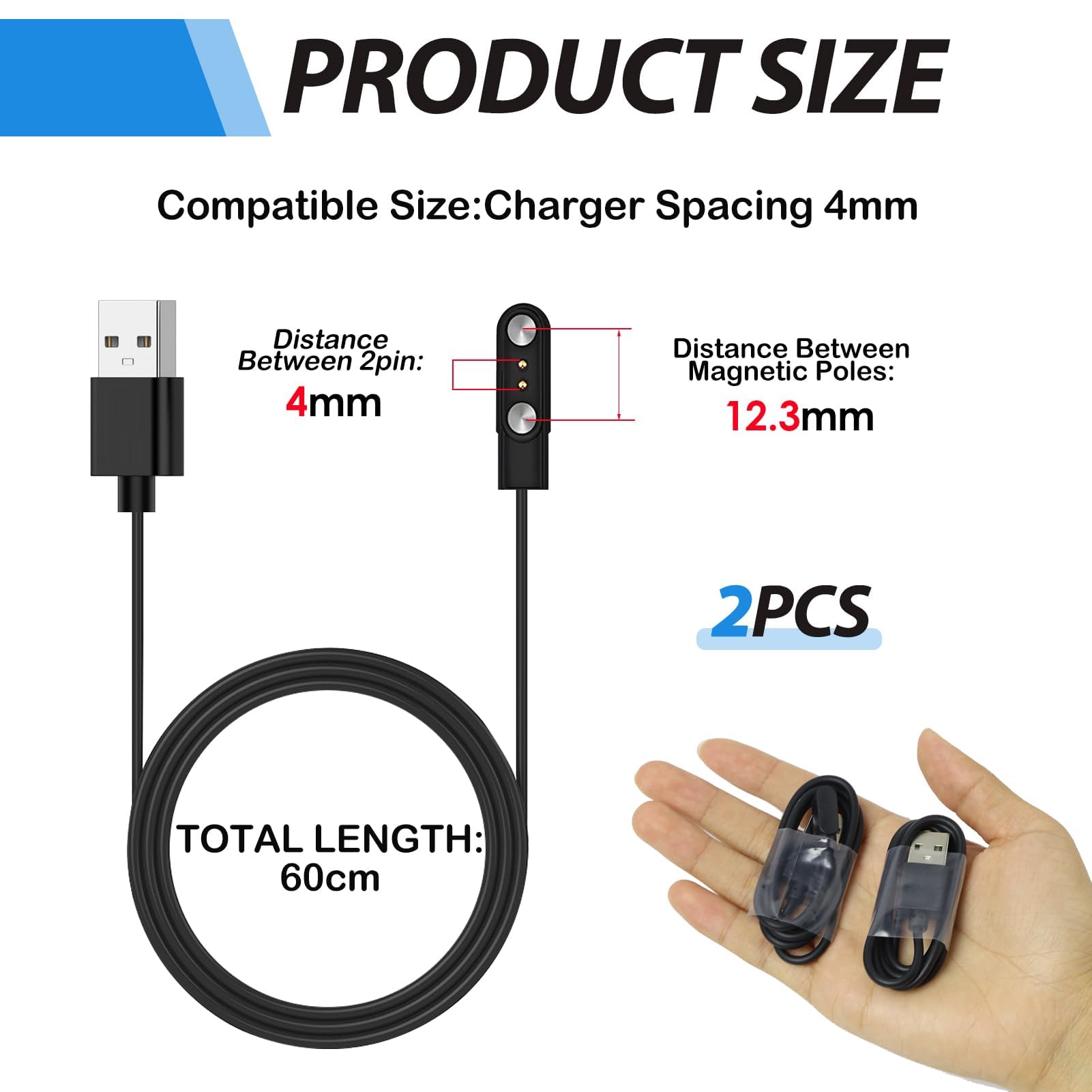Caricabatterie Magnetico Smartwatch Universale - Cavo USB A 2 Pin Con Spaziatura 4mm - Foto 6