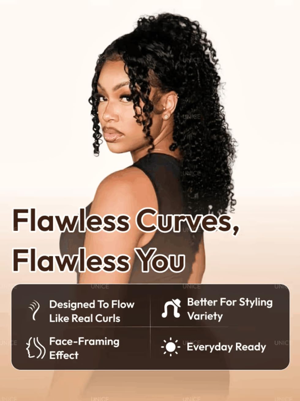 UNICE InvisiBlend Burmese Curly V Part Wig Human Hair With Finger Coil Ends Thin Leave Out Vpart Drawstring Wig No Glue No Sew In Black Color 150% Density 22 inch