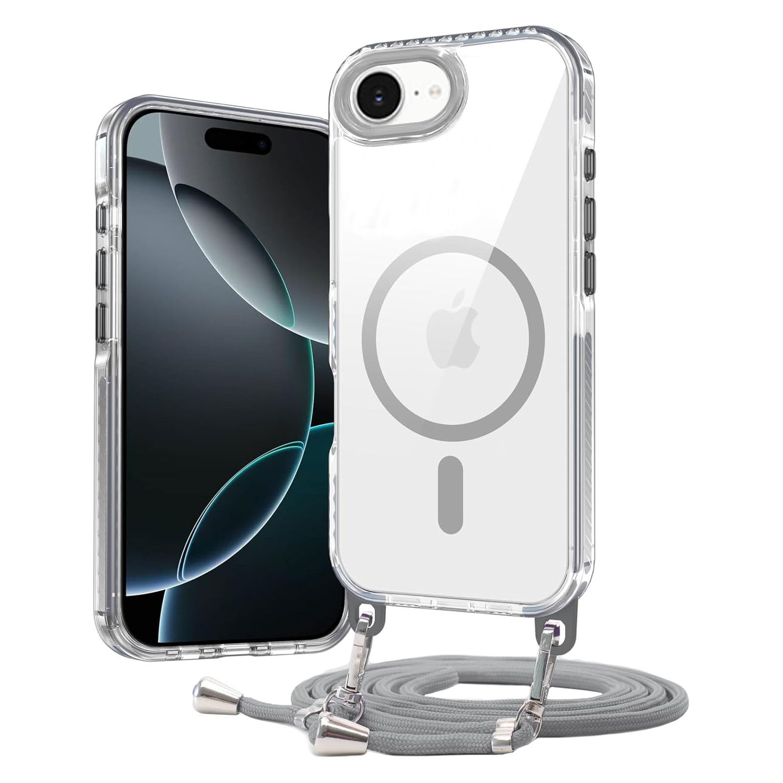 Galful Handykette Handyhülle iPhone 17e Magnetische Hülle mit Band iPhone 16e Transparent Case Kompatibel mit MagSafe Abnehmbar Eckenschutz Necklace Schutzhülle zum Umhängen TPU+PC Hardcase-Grau