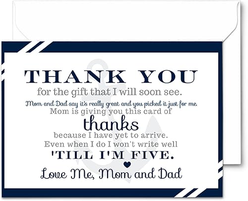 Tarjetas náuticas de agradecimiento para baby shower con sobres (paquete de 25) mensaje preimpreso de bebés niños con espacio personalizable para