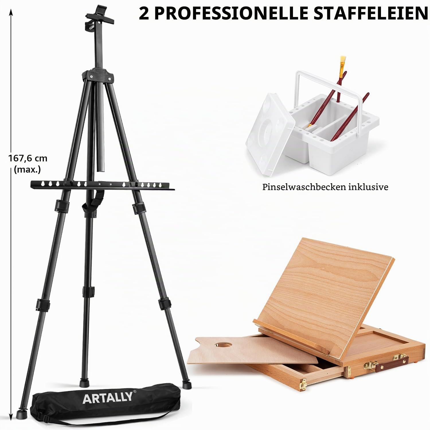 Professionelles 187-teiliges All-in-One-Malset mit Staffelei aus Aluminium und Buchenholz, 96 Acryl-, Aquarell- und Ölfarben, komplettes Malset für Erwachsene, Künstler und Anfänger