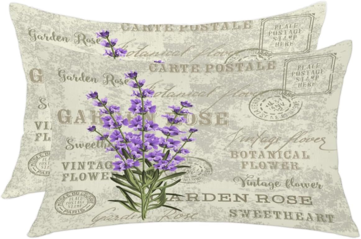 Vintage Lavender Throw Pillow Covers Set of 2 12x24 Inch Decorative Cushion Case Modern Farmhouse Breathable Pillowcase for Couch Sofa Bed Car Living Room Home Decor