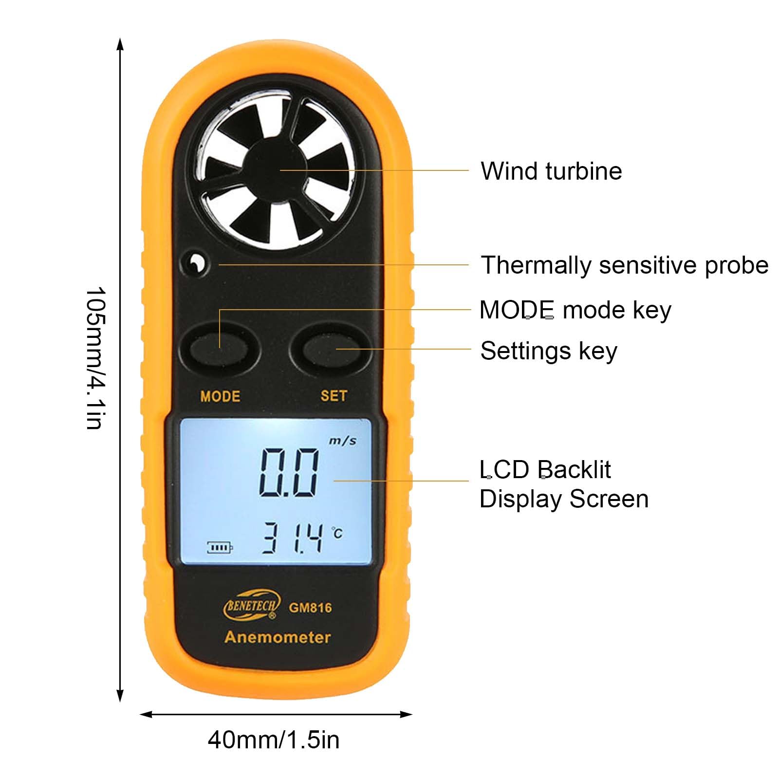 Anémomètre numérique portable pour mesurer la vitesse du vent/la température/le refroidissement éolien, pour drone, voile, surf, pêche