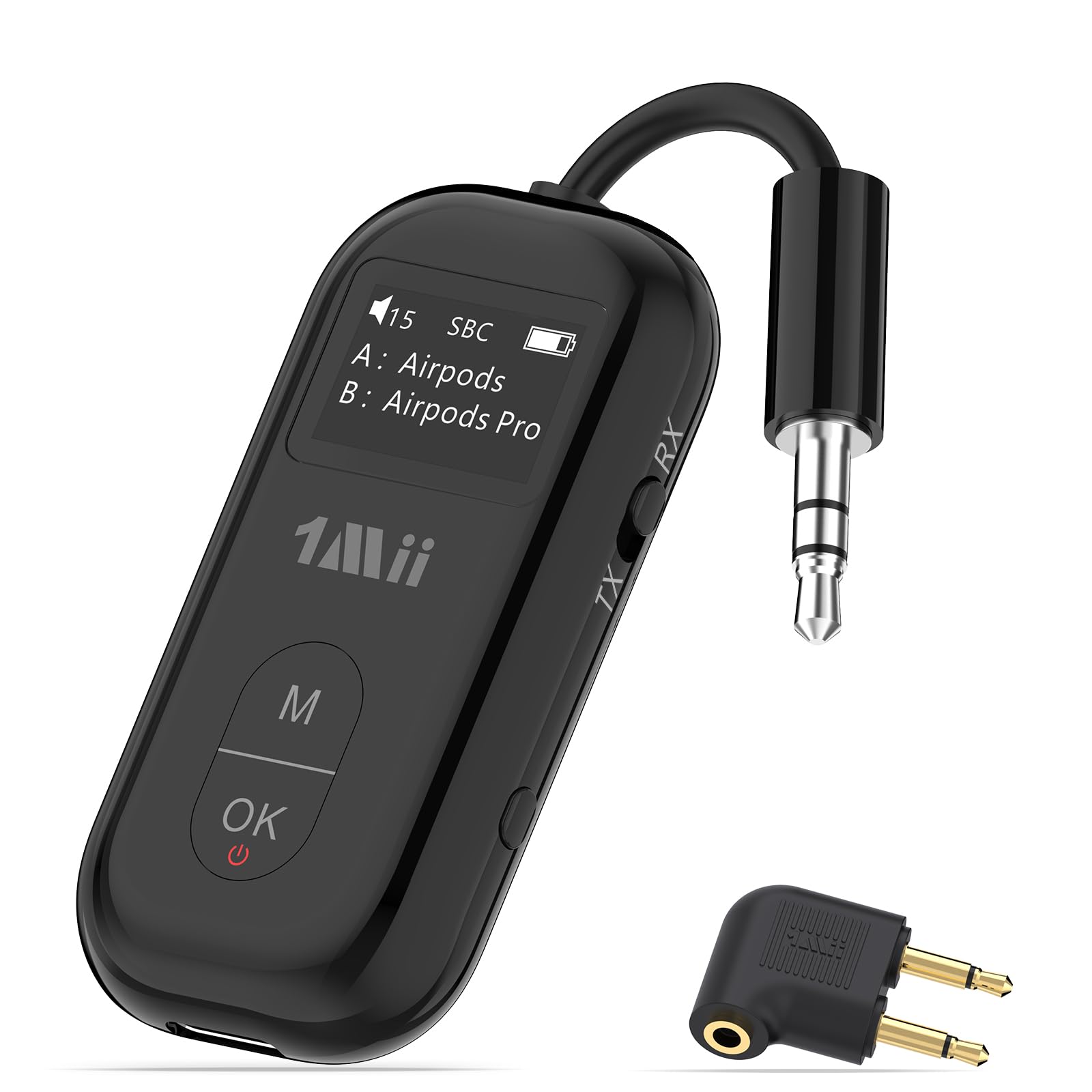 1Mii SafeFly Pro Bluetooth 5.3 Transmitter Receiver, Wireless Audio Adapter w/Screen for 2 Bluetooth Headphones, AptX LL/HD/AD, Use with Any 3.5MM