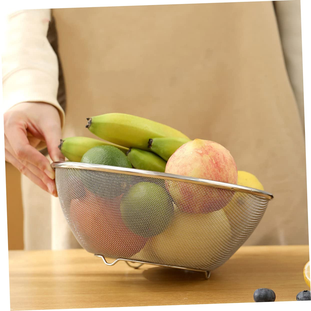 Cesta Colador de Acero Inoxidable 2 Piezas para Lavar Arroz y Frutas, Recipiente de Drenaje Estable y Antideslizante para Cocina