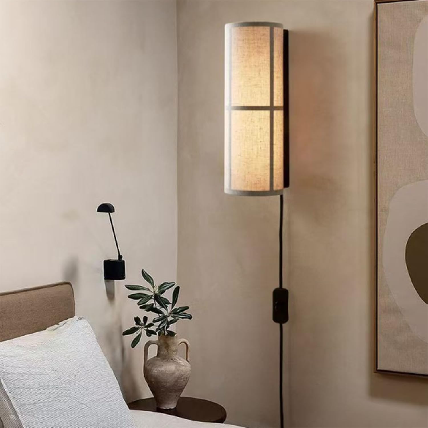 Zestaw 2 lamp ściennych do podłączania, rustykalna lampa z kablem zasilającym i włącznikiem/wyłącznikiem, klosz z tkaniny beżowej, do zagłówka łóżka, sypialni, salonu,