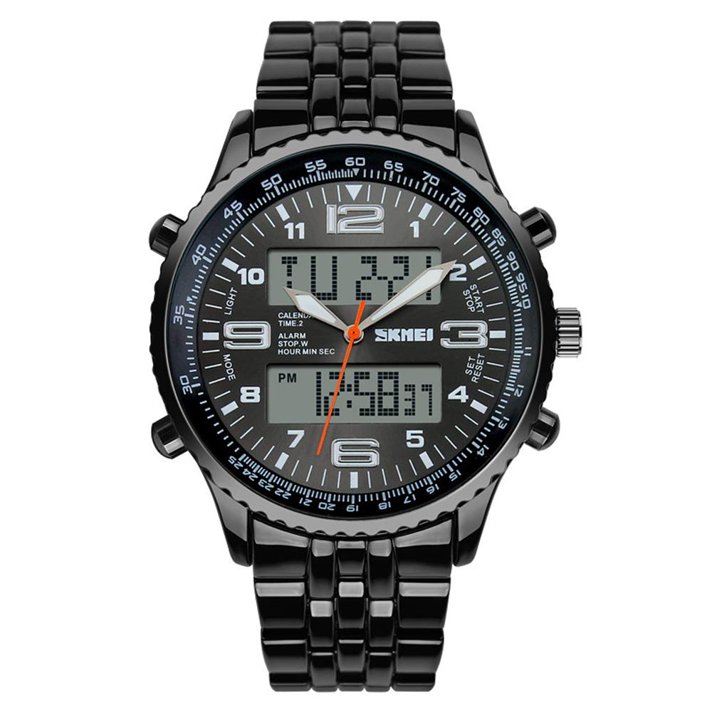 MASTOP Reloj de pulsera para hombre, digital, deportivo, resistente al agua, con cronógrafo de doble hora, alarma, retroiluminación, acero inoxidable, relojes de negocios para hombre