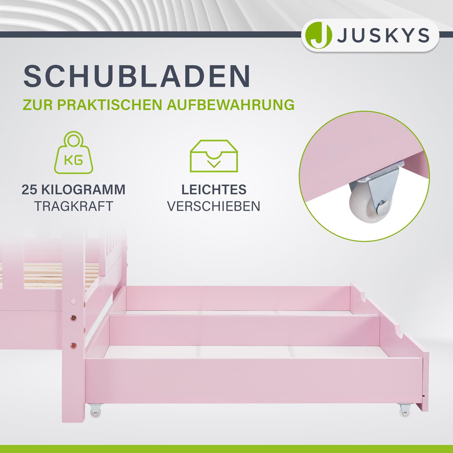 Juskys® Kinderbett Marli 80 x 160 cm mit Bettkasten 2-teilig, Rausfallschutz, Lattenrost & Dach - Massivholz Hausbett für Kinder - Bett in Rosa