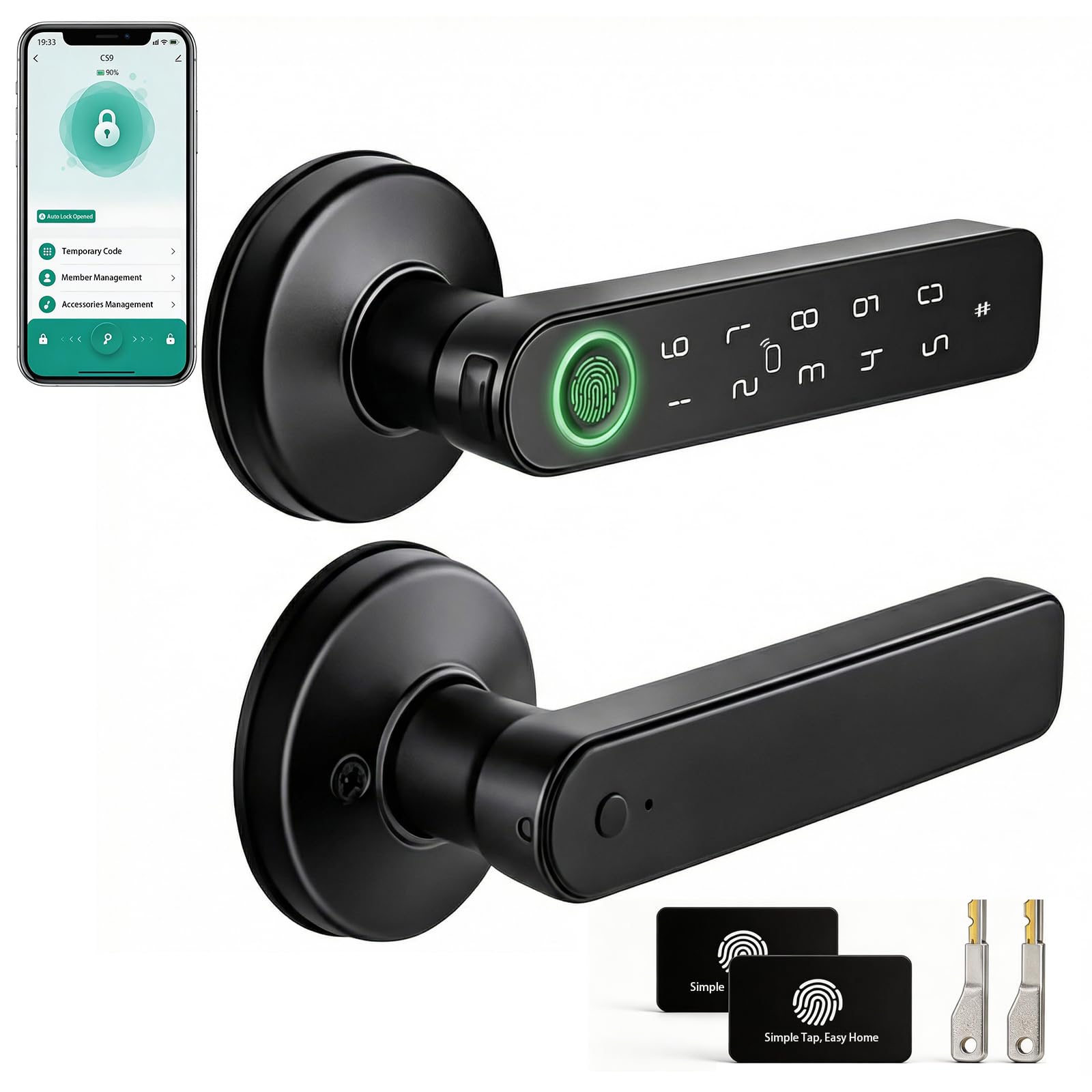 Fingerprint Door Knob, Keyless Smart Lock with Handle & App for Bedroom