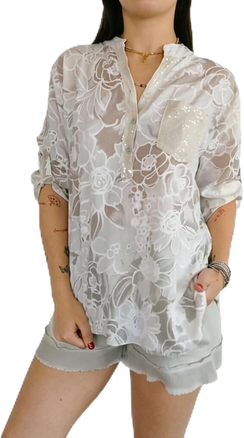 Women's Floral Print Sequin Pocket V-Neck Blouse, 3/4 Roll Up Sleeve V Neck Blouse with Sequin Pocket