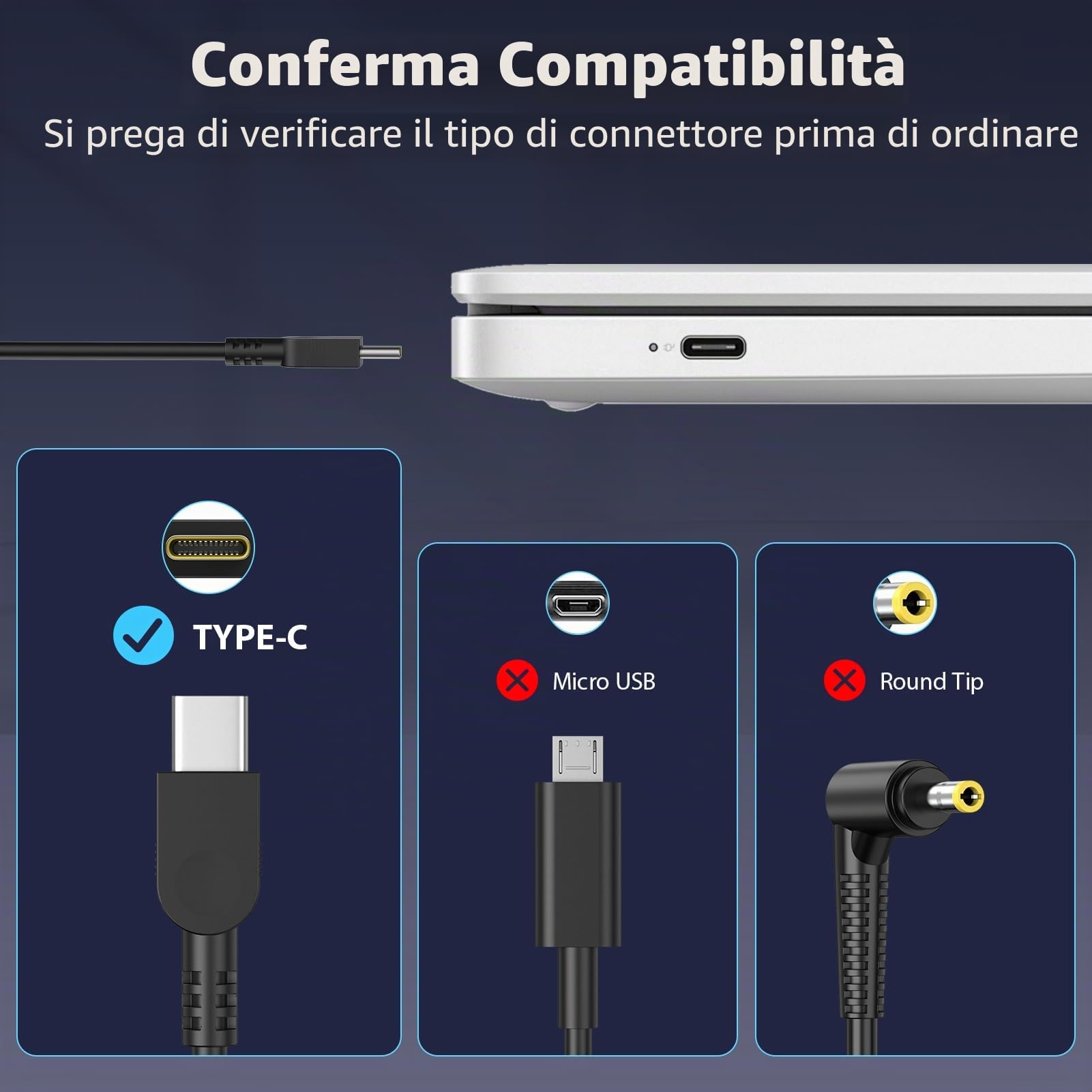 Alimentatore USB C 65W per Lenovo ThinkPad Touch Yoga HP Chromebook ASUS Dell Acer Caricatore Samsung Huawei MacBook-Carica Rapida con PD 3.0 e QC Caricabatterie Computer Portatile PC Charger