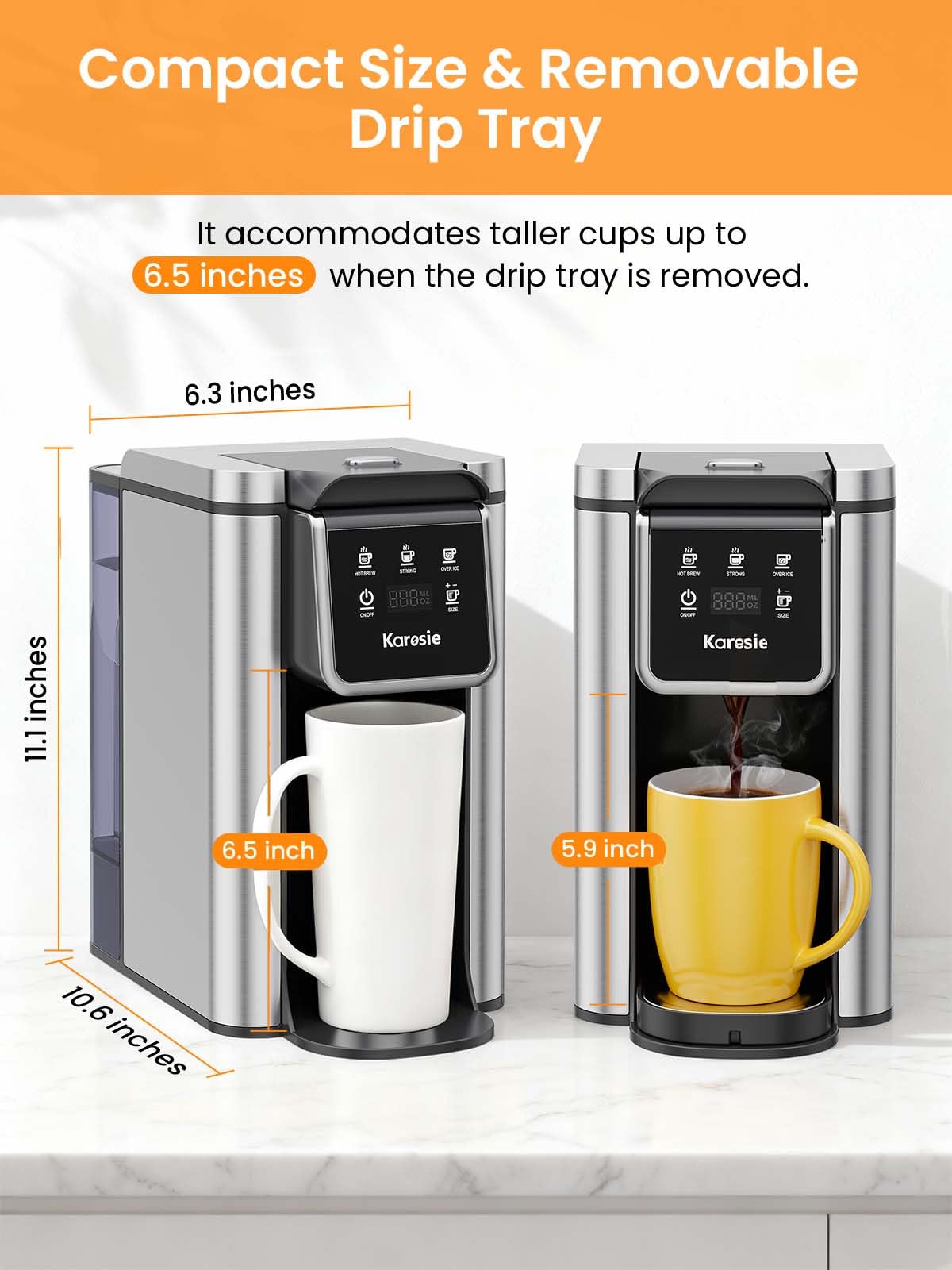 Karosie K Cup Coffee Maker, Hot & Iced Coffee Maker for K Cup and Grounds, 6-14 Oz Brew Sizes, 50oz Removable Tank, Single Cup Coffee Maker with Descaling Reminder, Stainless Steel, Black - 3