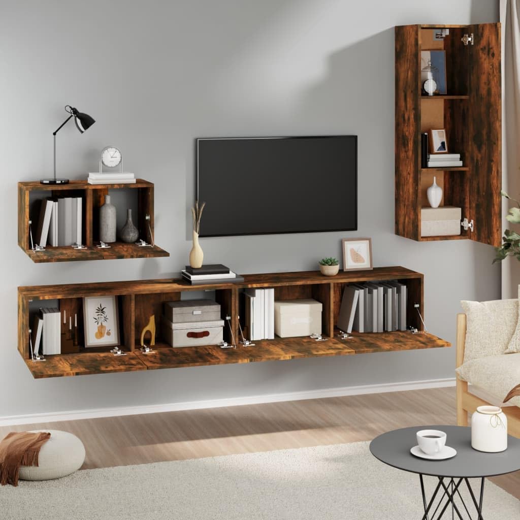 4-TLG. TV-Schrank-Set Räuchereiche Holzwerkstoff, Modernes Media-Center für Wohnzimmer und Schlafzimmer, Wandmontage, Vielseitiger Stauraum