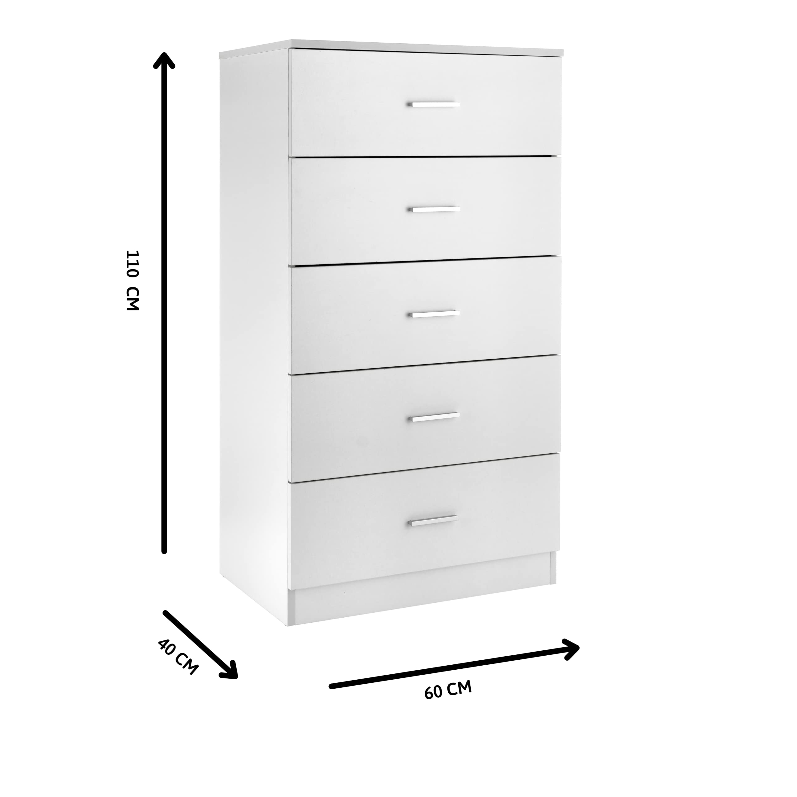 Baroni Home Cassettiera 5 cassetti in Nobilitato, Mobiletto da Camera da Letto o Soggiorno, Mobile Moderno Bianco 60x40x110 cm