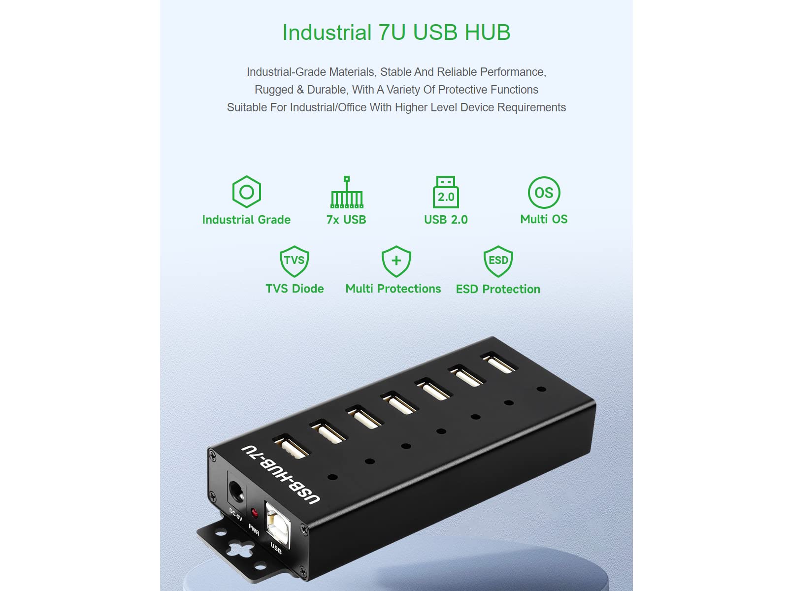 Industrial Grade USB HUB 2.0 with Power Supply, USB Hub 2.0/1.1 7 Port USB 2.0 Splitter Adapter with Individual LED Indicators,Data Hub with 5V 4A Power Supply for Raspberry Pi,PC,Notebook