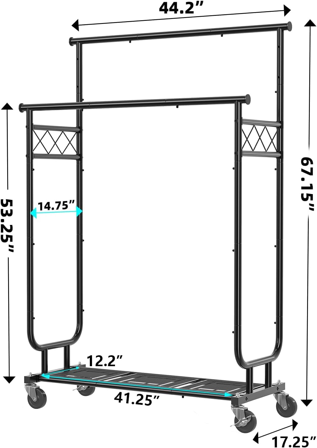 Double Rod Clothing Garment Rack on Wheels, 44 Inches Clothes Rack with Mesh Bottom Shelf for Hanging Clothes, Heavy Duty Metal Maximum Capacity 450 lb, Black