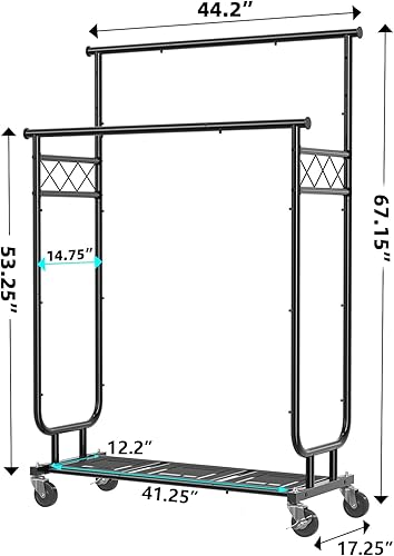 Miniatura 3 de Estante para ropa Ekisemio con capacidad de carga de 450LBS, estante resistente para ropa con ruedas, estantes enrollables para colgar ropa,