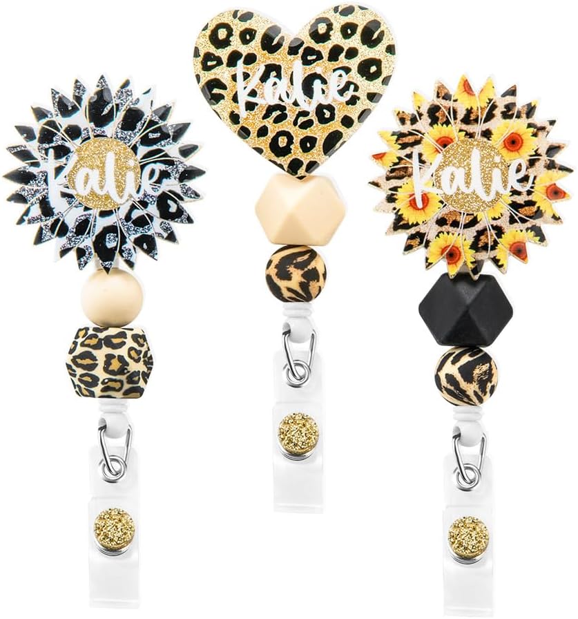 Personalized Cheetah & Leopard Heart Beaded Badge Reel - Retractable ID Badge Holder for Nurses, Doctors & Office Staff（Heart Badge Reel）
