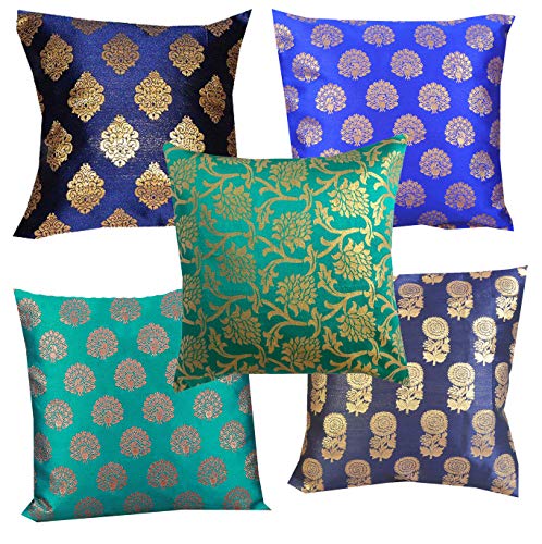 Image of PINK PARROTDopian Silk Polyester Blend Cushion Covers -16 X16 Inch, Nevy and Greenish Blue Colour,Set of 5