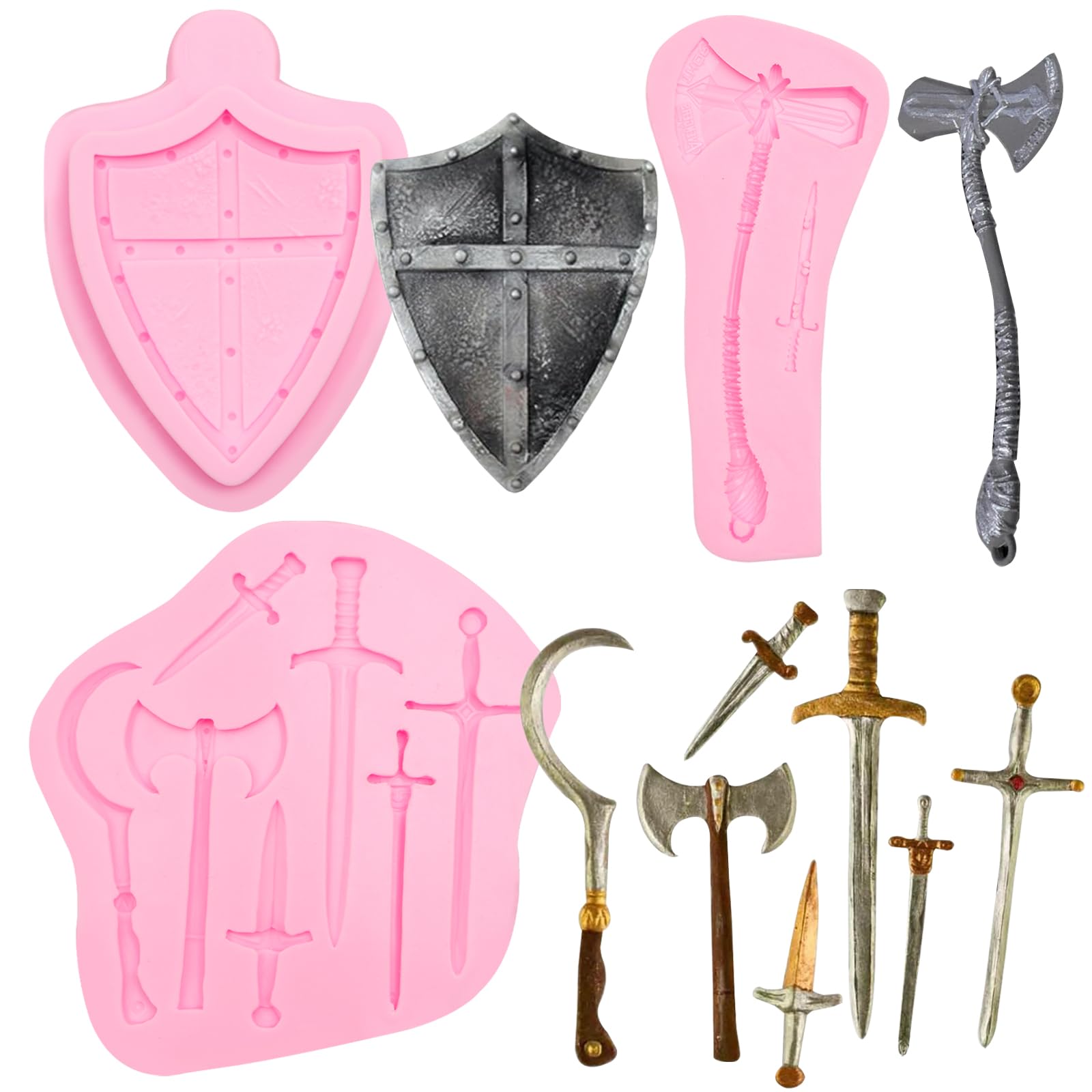 Photo 1 of Weapons Sword Silicone Mold 3 Pcs, Shield Axe Battle Chocolate Baking Molds for Cake Decoration Candy Cupcake Topper Cake Polymer Clay Crafts Epoxy Resin