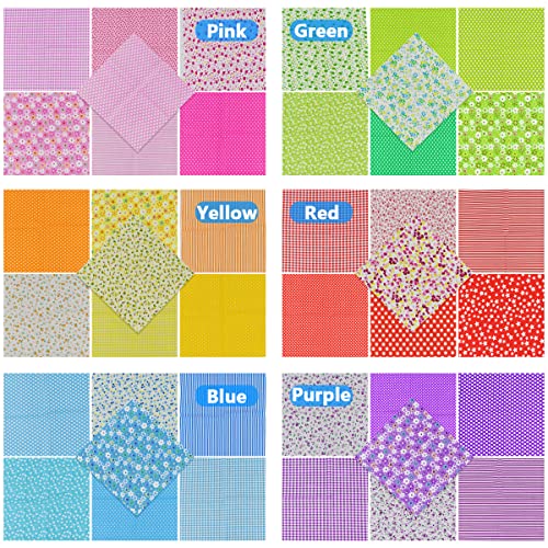 9.8X 9.8 42Pcs Cotton Print Fabric Bundle Squares Pre-Cut Multicolor Design Printed Quilting Sewing Floral for Quilting Patchwork DIY Craft Scrapbooking Cloth (Red/Yellow/Green/Blue/Pink/Purple)