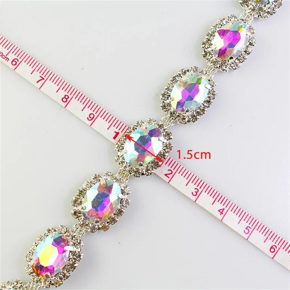 1/5Yards Silver AB Color Oval Glass Crystal Metal Chain Decoration Rhinestone Trim for Clothing AB Silver 5 Yards