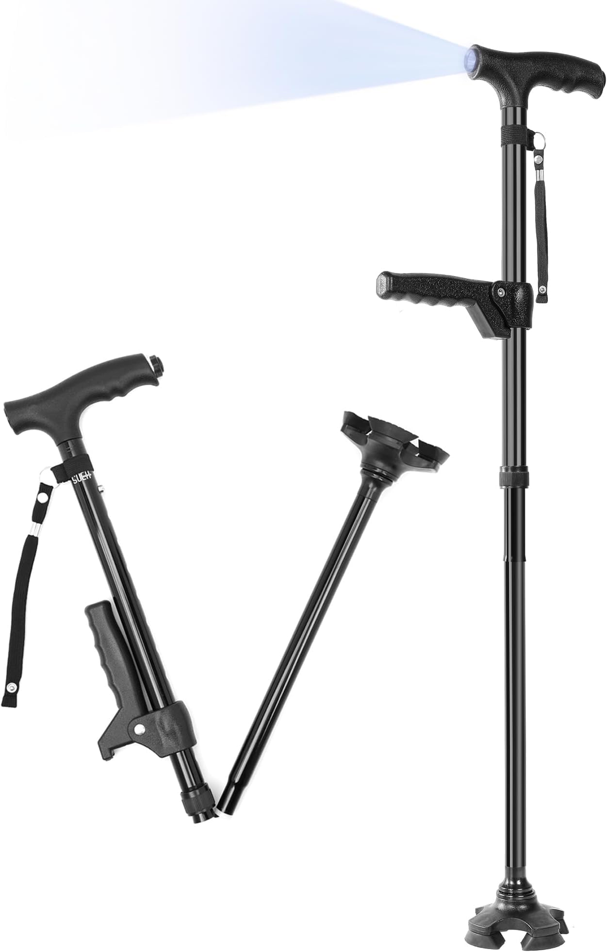 SUEH DESIGN Folding Walking Stick with LED Light for Men and Women, Adjustable Heights, Collapsible Elderly Walking Cane with Side Handle