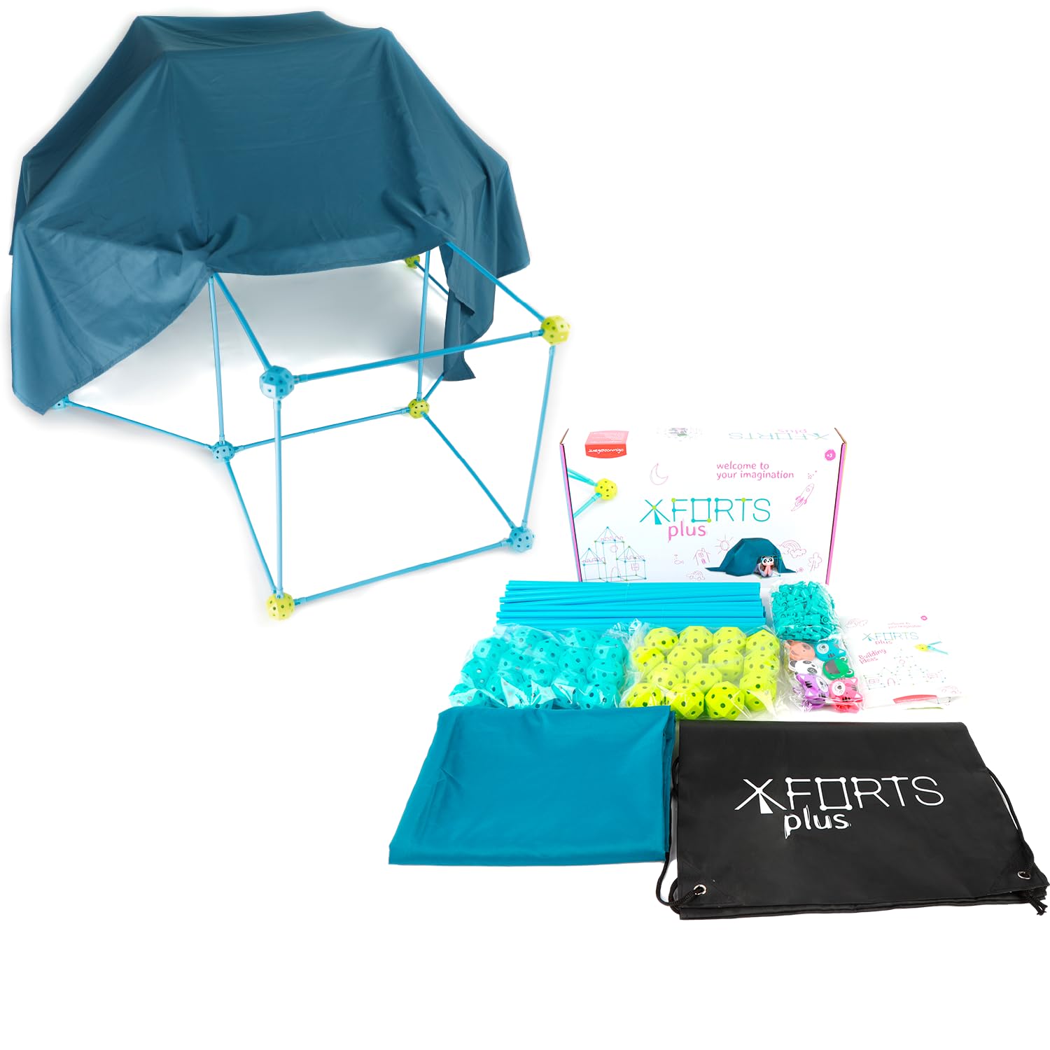 JUEGACONMIGO X-FORTS Kit de Construcción de Fuertes para Niños. Juego Construcción Fortalezas, Castillos, túneles Piezas Ligeras y Resistentes. Incluye Tela (Set 85 Piezas)