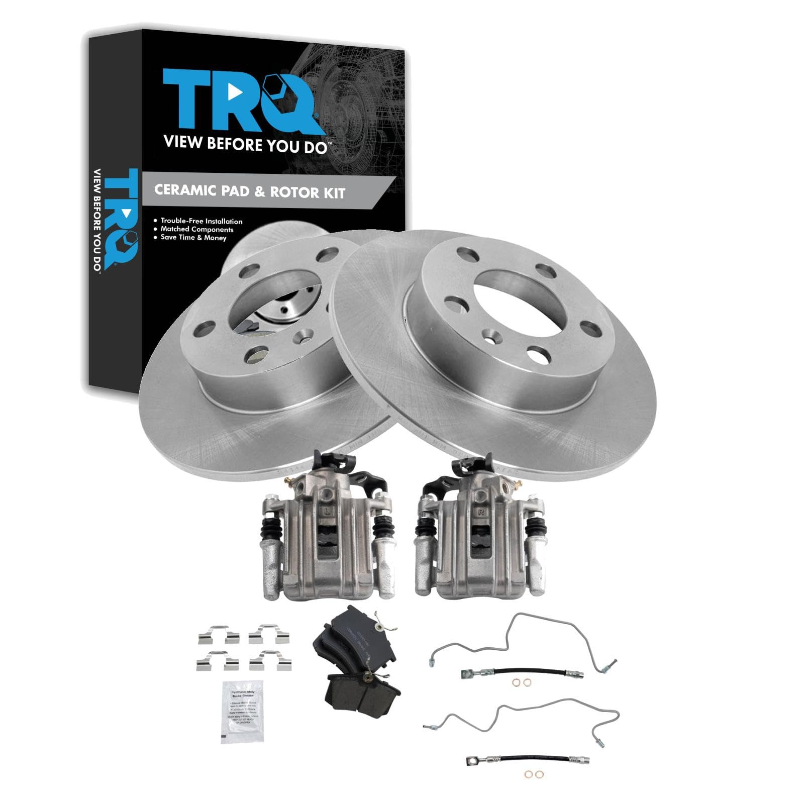 TRQ Rear Brake Pad and Rotor Set Ceramic Rotors Calipers Compatible with 2007-2010 Volkswagen Beetle 1999 Golf