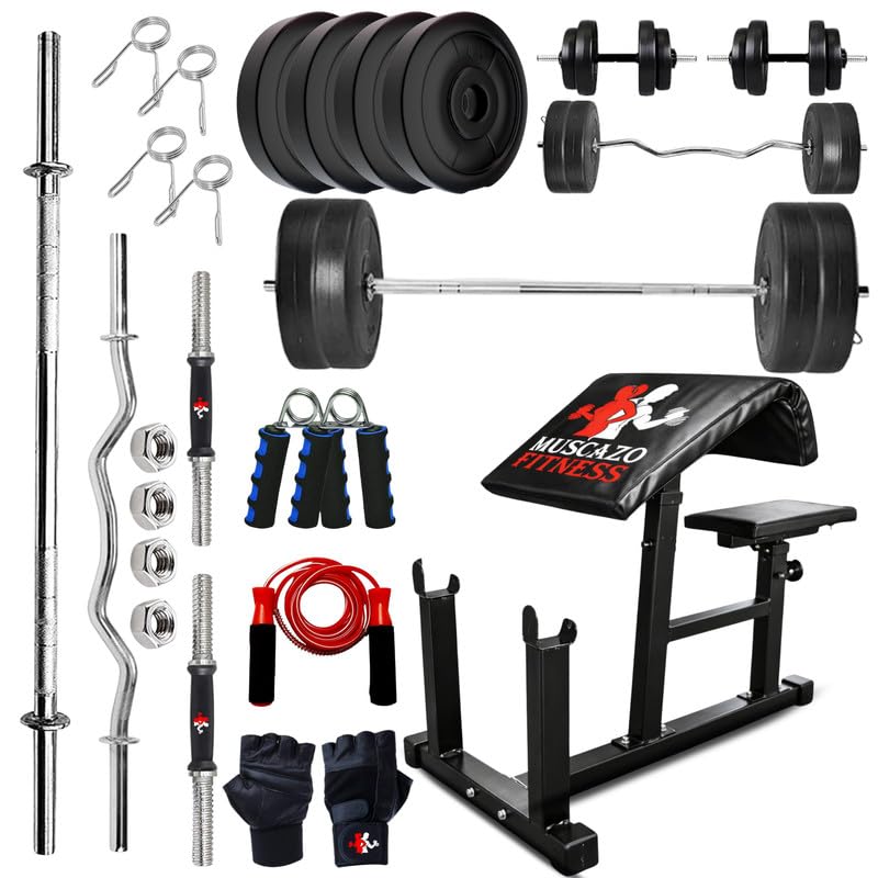 80kg pvc home gym set with preacher curl home gym bench, weight plates, 5ft barbell rod, 3ft ez curl rod, dumbbell rods, gloves, skipping rope & hand gripper for home workout