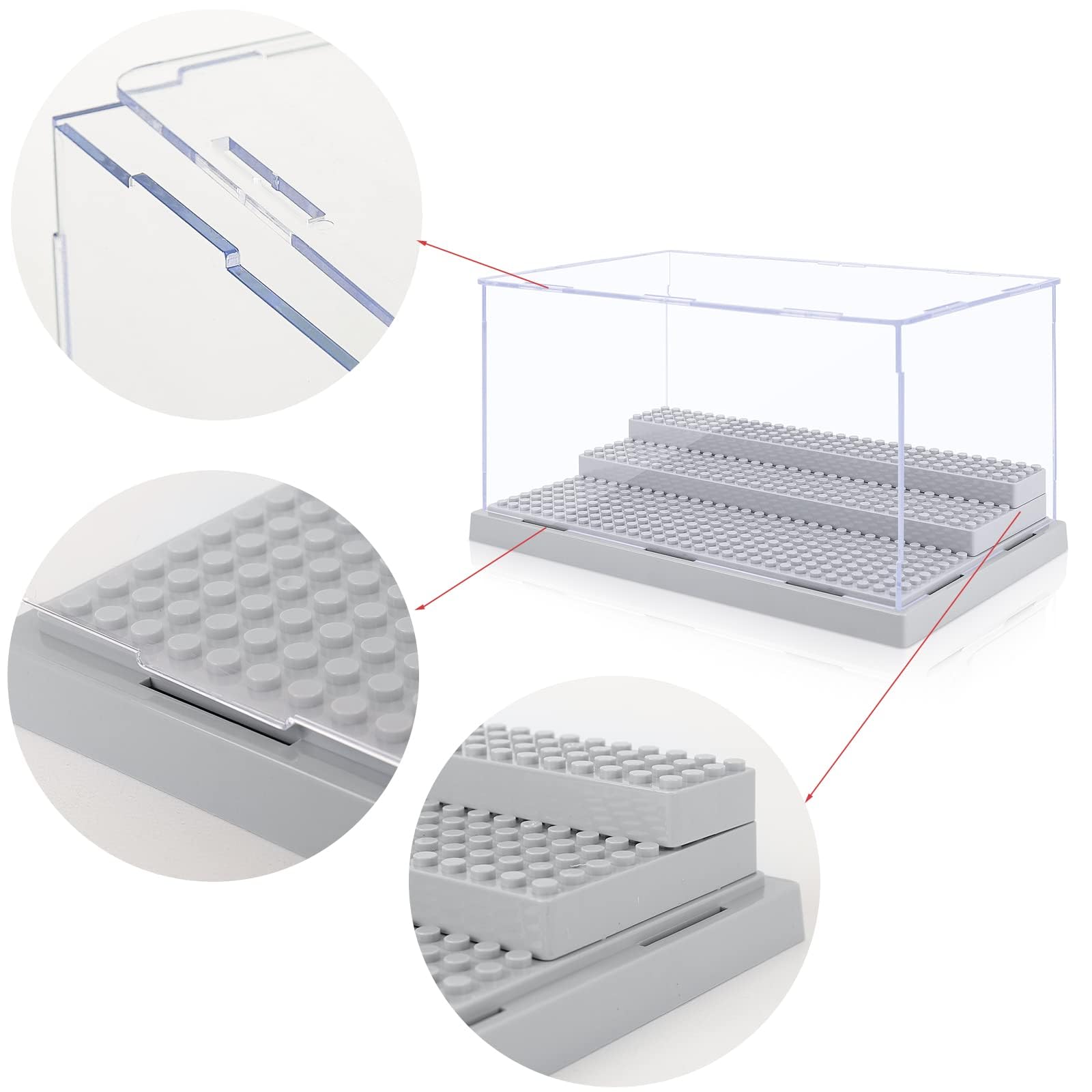 Mlikero 2 Pack Minifiguren Vitrine für Actionfiguren Blöcke, klare staubdichte Display Aufbewahrungsbox mit 3 beweglichen Schritten, Geschenke für Kinder Minifiguren Sammler (Grau)