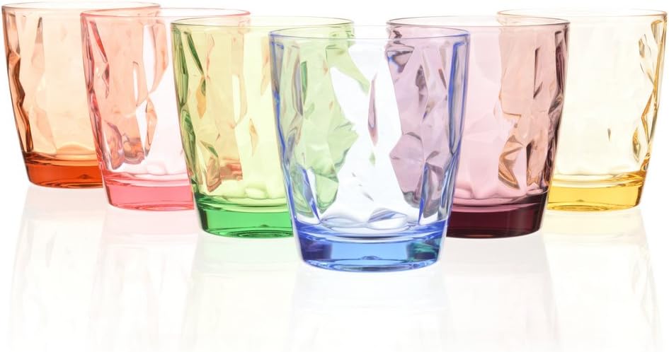 13oz Drinking Glasses Set Acrylic Glassware for Kids Colored Plastic Tumblers Cups Picnic Water Glasses Unbreakable Juice Drinkware for Camping Restaurant Beach Party BPA Free Dishwasher Safe