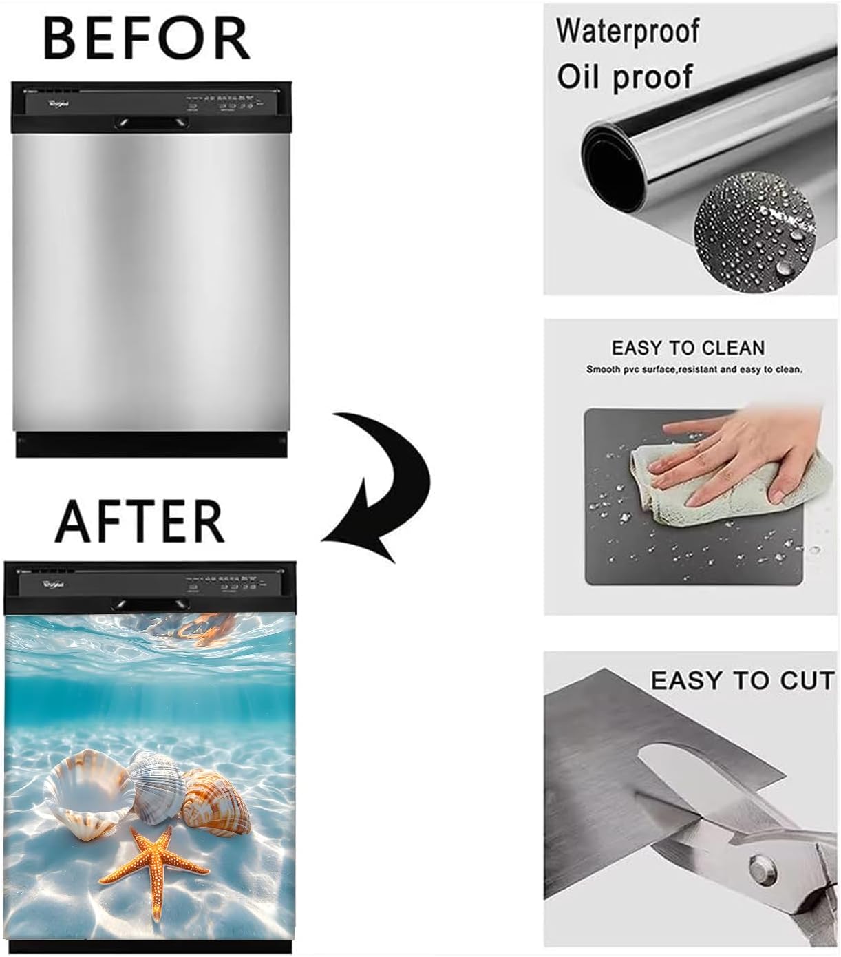 BVBOX Dishwasher Magnet Cover 23" W x26 H, Reusable Magnetic Refrigerator Covers, Dishwasher Magnets Decorative Cover Fridge Door Skin Panel Stickers for Home Kitchen Appliance (Starfish Shell)