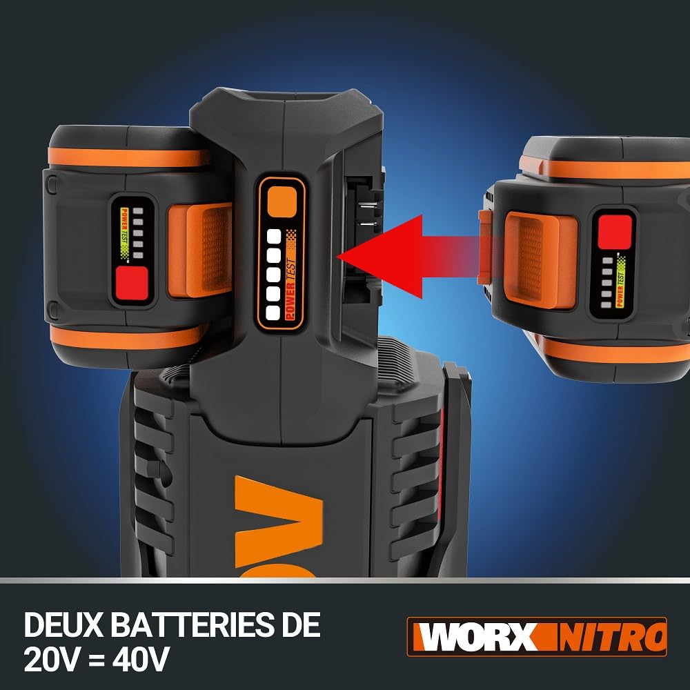 WORX Nitro - Débroussailleuse sans Fil -40V- 4Ah - Ø38cm - WG186E (2 Batteries 20V, Capot de Protection, poignée Amovible, tête Interchangeable, Compatible Outils et Batteries PowerShare)