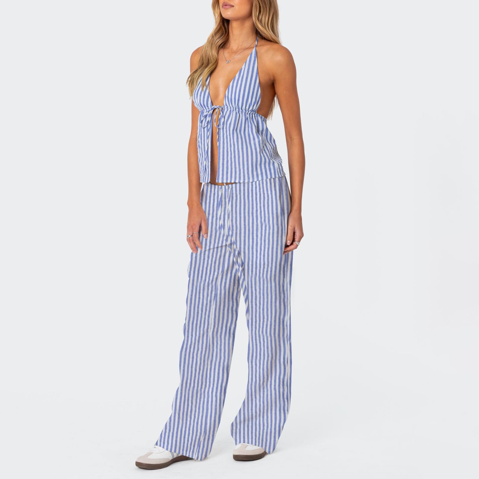 Himllauen 2 Pcs Women Solid Color Summer Autumn Pants Outfits Stripe Tie-Up Halter Neck Backless Sleeveless Tank Tops Wide Leg Pants Clothes Set (Sky blue - Image 4