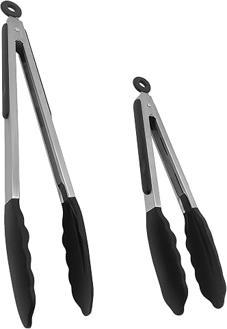 Pinzas Cocina Silicona Juego de 2 Piezas - 26 cm y 33 cm, Resistentes a Altas y Bajas Temperaturas con Bloqueo de Seguridad, Utensilios de Cocina Acero Inoxidable (Negro)