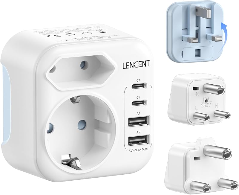 LENCENT Tipo D, G e M Adattatore da Viaggio Combinato con 2 USB-C e 2 USB-A, Spina Tipo G Pieghevole per Maldive, Adattatore Presa D M da Viaggio a Sri Lanka Sudafrica Botswana Namibia Zimbabwe Nepal