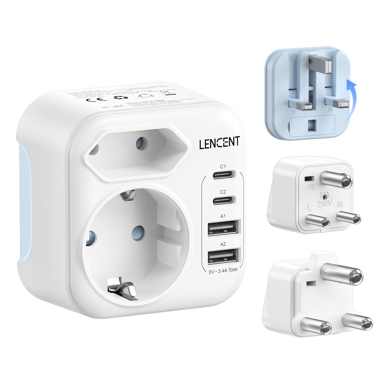 LENCENT Tipo D, G e M Adattatore da Viaggio Combinato con 2 USB-C e 2 USB-A, Spina Tipo G Pieghevole per Maldive, Adattatore Presa D M da Viaggio a Sri Lanka Sudafrica Botswana Namibia Zimbabwe Nepal - 1