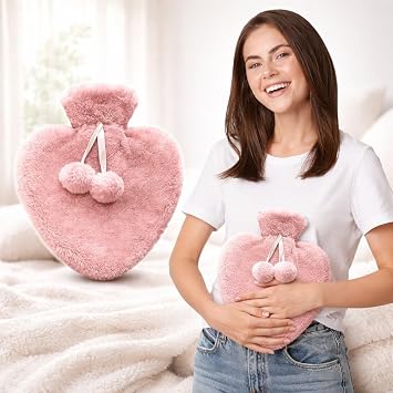 Heart Shape Hot Water Bottle with Plush Cover & Pom-Poms 1000ml Heat Therapy for Period Cramps, Neck, Back & Shoulder Pain, Hot & Cold Compress for Pain Relief, Swelling & Muscle Recovery