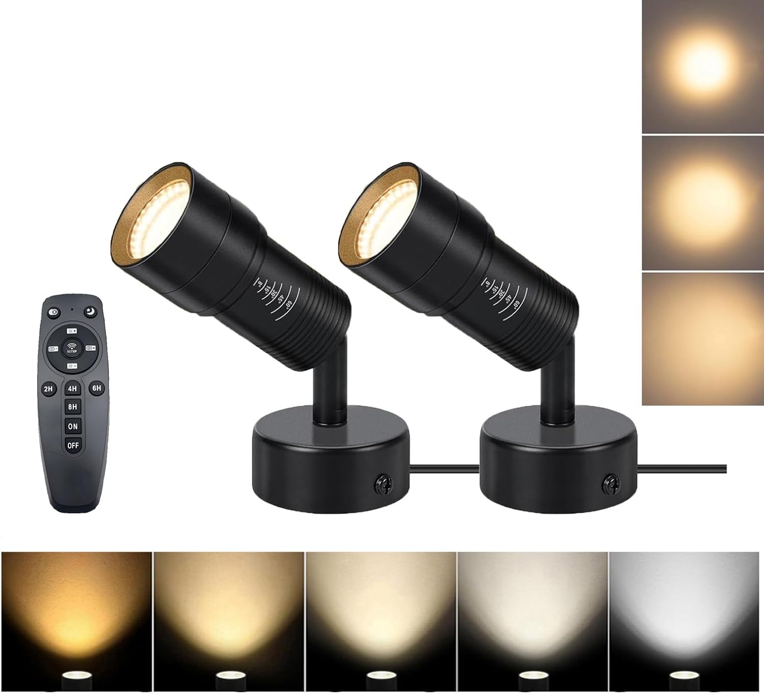 Zoomable LED Spot Lights Indoor 2700K-6500K Adjustable 8W Accent Uplights Floor Desktop Spotlight Wall Ceilling Mounted for Plants Pictures Artwork 5.9 FT Cord with Switch (2Pack)