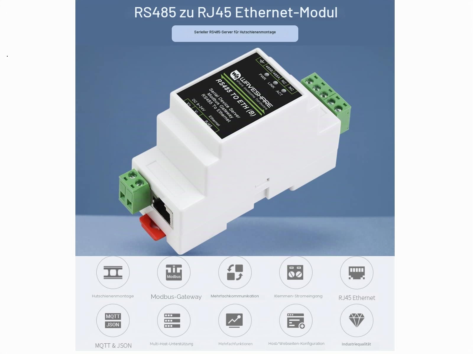 RS485 to RJ45 Ethernet Converter Module, Industrial Rail-mount RS485 Serial Server, TCP/IP to Serial, 300-115200 bps Baudrate, 10/100M Auto-Negotiation