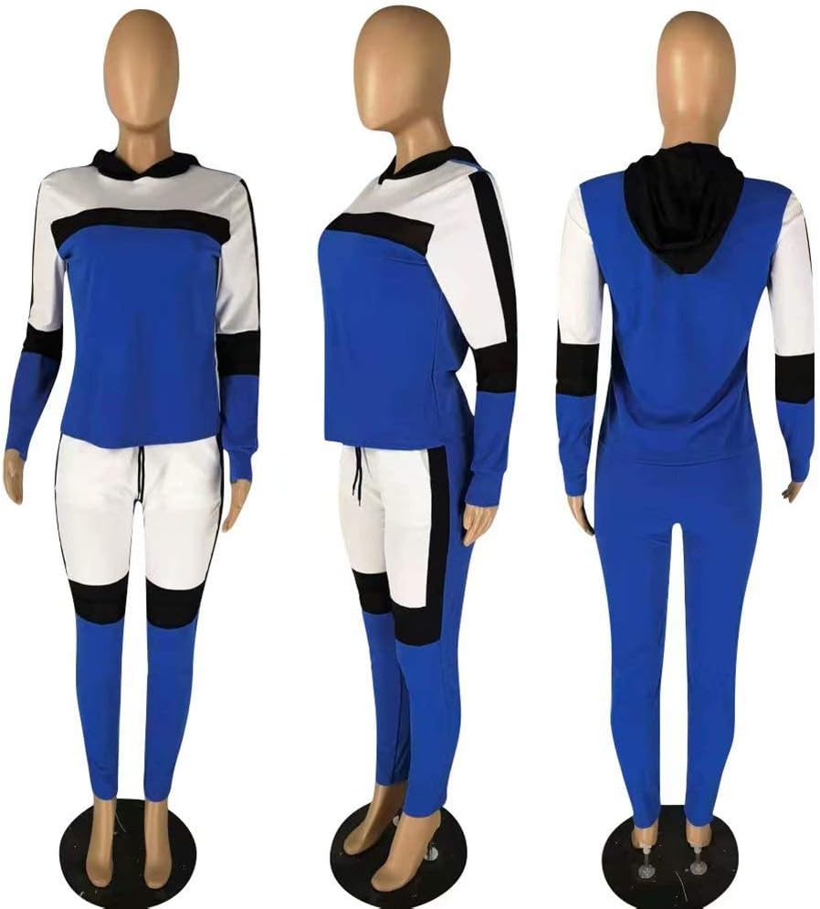 ThusFar Women's Casual Sweatsuit Two Piece Outfits Patchwork Net Color Block Pocket Hooded Top Pant Set Jogger Tracksuit