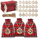 Christmas 24 Days Advent Calendar Xmas Countdown Wooden Numbers with 24 Pieces Buffalo Check...