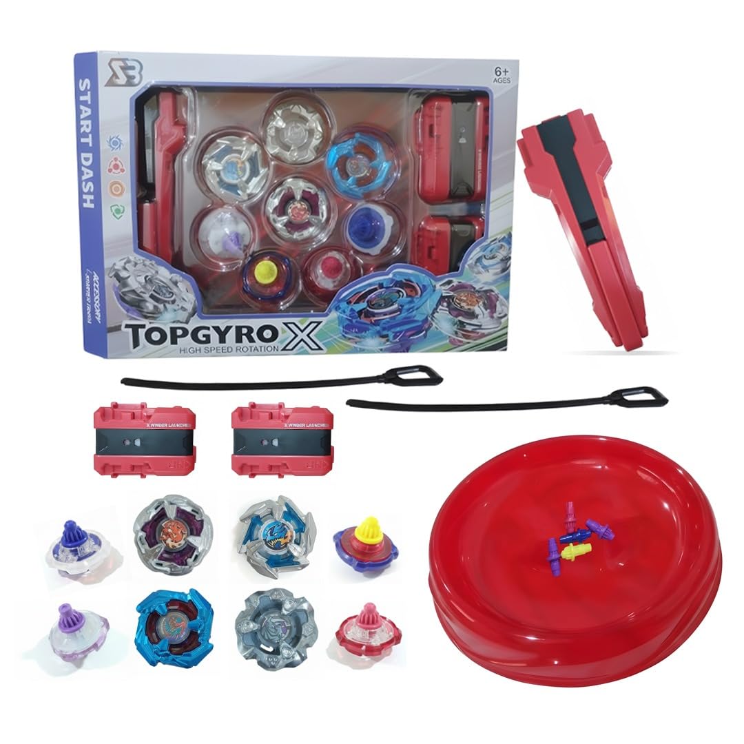 WireScorts Top Metal Gyro Blade Battle Set with 4 Type Variation Metal Beys, 3 Launchers and Battle Ground for Kids, Portable Storage Box for Kids Age 6+-image-49