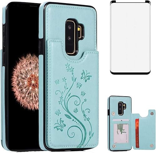 Funda de teléfono para Samsung Galaxy S9 Plus con protector de pantalla de vidrio templado, tarjetero y soporte para tarjetero, soporte para celular