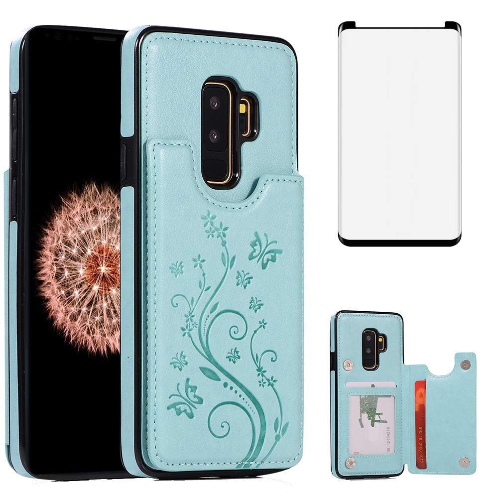 Phone Case for Samsung Galaxy S9 Plus with Tempered Glass Screen Protector Card Holder Wallet Cover Stand Flip Leather Cell Accessories Glaxay S9+ 9S 9+ S 9 9plus S9plus Cases Women Girls Men Green