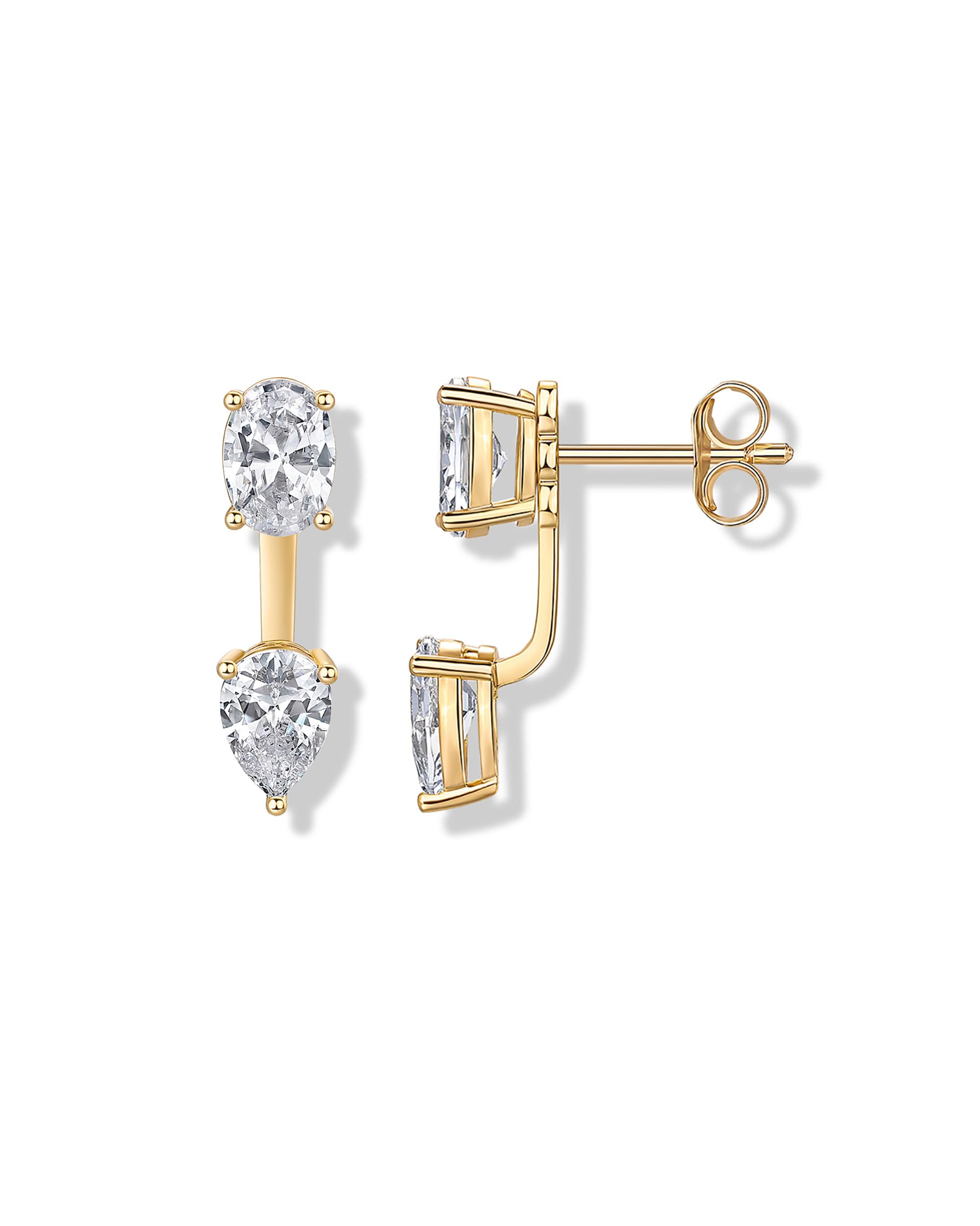 PAVOI 14K Yellow Gold Plated Cubic Zirconia Earrings Jacket for Women - 925 Sterling Silver Posts Dainty Pear CZ Front and Back Double Studs - Statement Ear Jacket Earrings for Women
